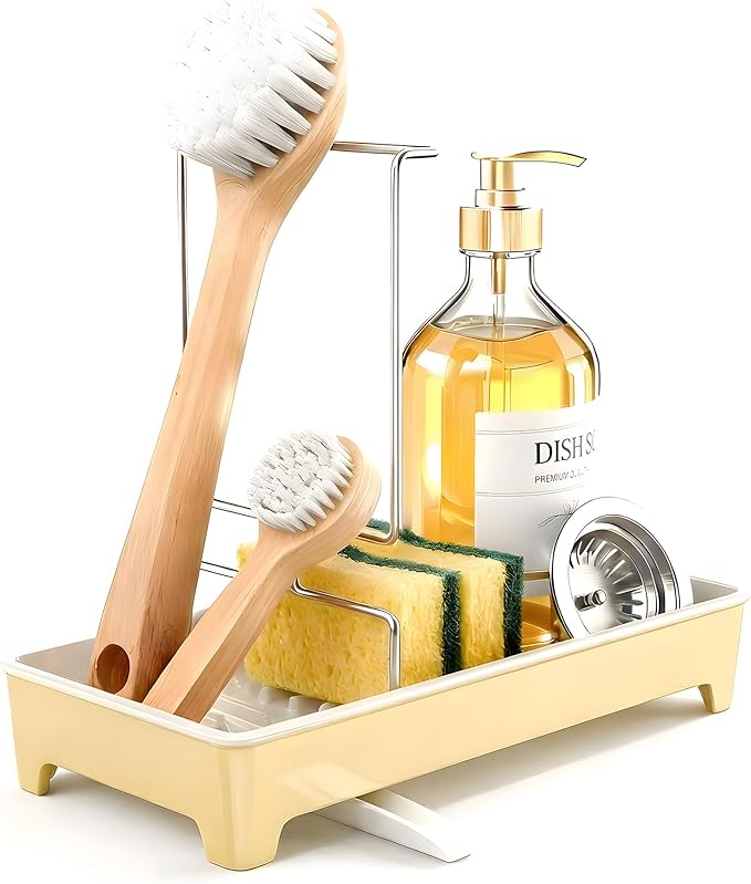 Minimalist Sink Caddy, Rustproof Sponge Holder for Kitchen Sink with 304 Stainless-Steel Brush Holder, Countertop Rack Organizer with Raised Ridges & Silicone Drain Tube (Pastel Yellow, Large)