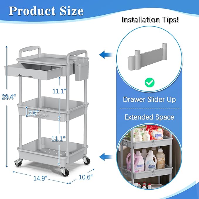 3 Tier Rolling Cart with Drawer, Gray