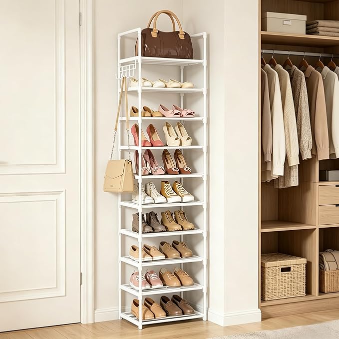 Metal Shoe Rack Organizer 10 Tiers, 20-24 Pairs Narrow Tall Shoe Racks for Closets Entryway - Vertical Boots Organizer Storage - Sturdy Shoe Shelf Cabinet White