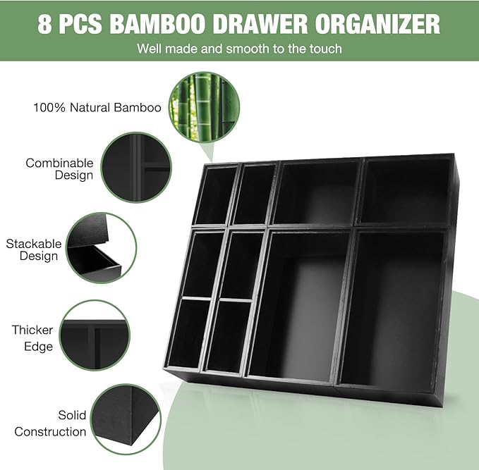 Bamboo Drawer Organizer Set, 8 PCS Black Multi-Use Drawer Storage Boxes