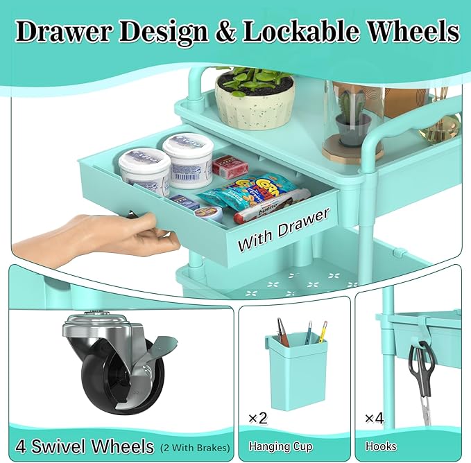 3-Tier Rolling Cart with Drawer & Lockable Wheels, Blue