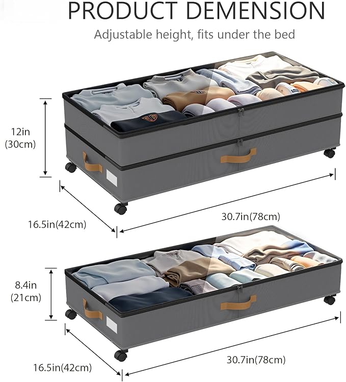 Under Bed Storage with Wheels 2-Pack, Grey