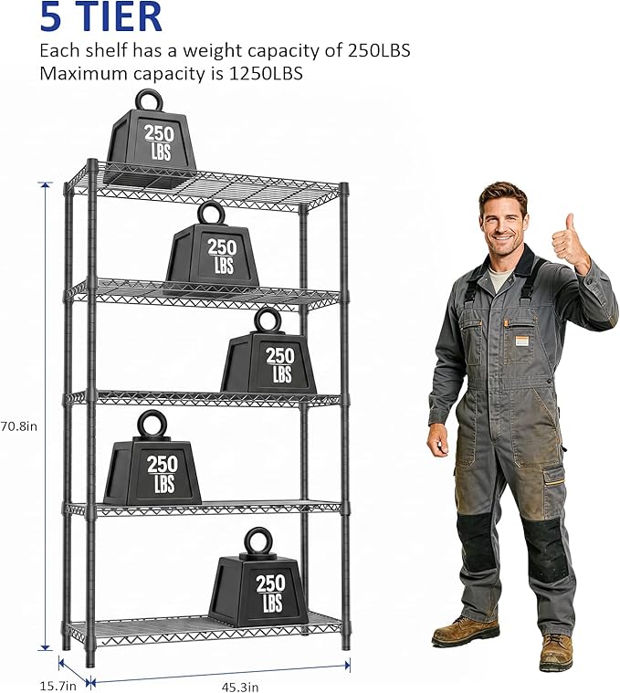 IZEUK 5-Tier Heavy Duty Black Metal Storage Shelving Unit, Wire Shelves for Home, Kitchen, Office and Garage Organization, 1250 lbs Weight Capacity, 15.7" D x 45.3" W x 70.9" H