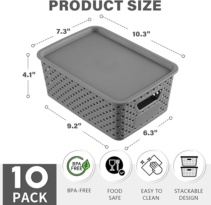 10 Pack Small Plastic Storage Bins with Lids, Stackable Plastic Storage Baskets for Organizing with Handles, Organizer Bins with Labels for Room, Craft, Containers for Pantry Organizers and Storage