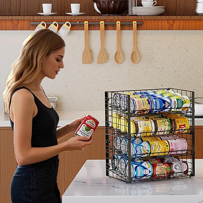 3-Pack Stackable Can Rack Organizer for Pantry, Adjustable Can Holder for Various Ounce of Cans up to 90, Rolling Can Dispenser for Canned Food Soup Goods Storage in Kitchen Cabniet, 2 Tier, Black