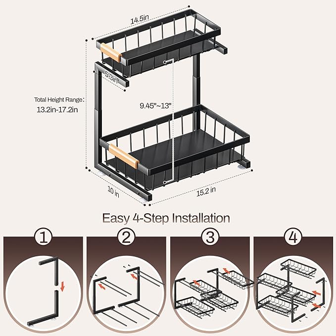 ADBIU Under Sink Organizer, 2 Pack 2 Tier Expandable Height (13.2" - 17.2") Pull Out Kitchen Bathroom Cabinet Organizers and Storage Shelf