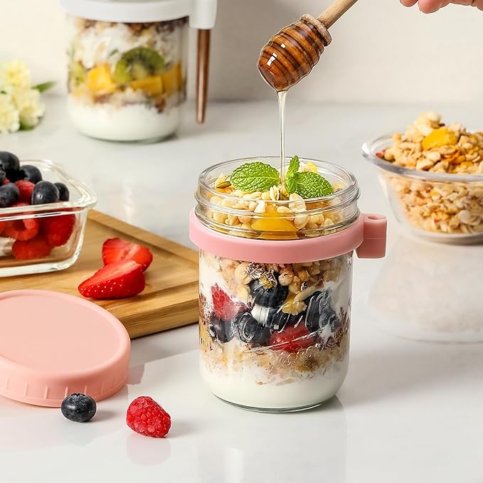 4 Pack Overnight Oats Containers with Lids and Spoons, Fruit