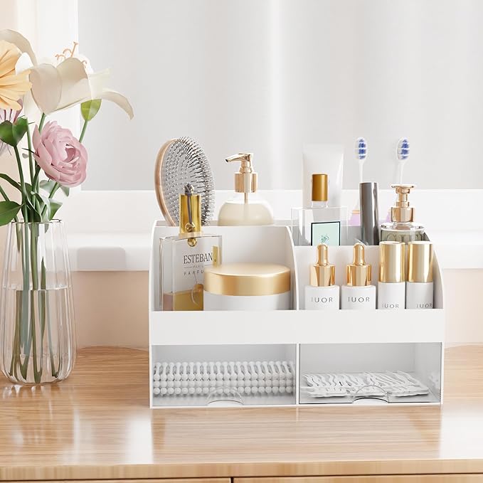 Makeup Organizer with Drawers, White-2P