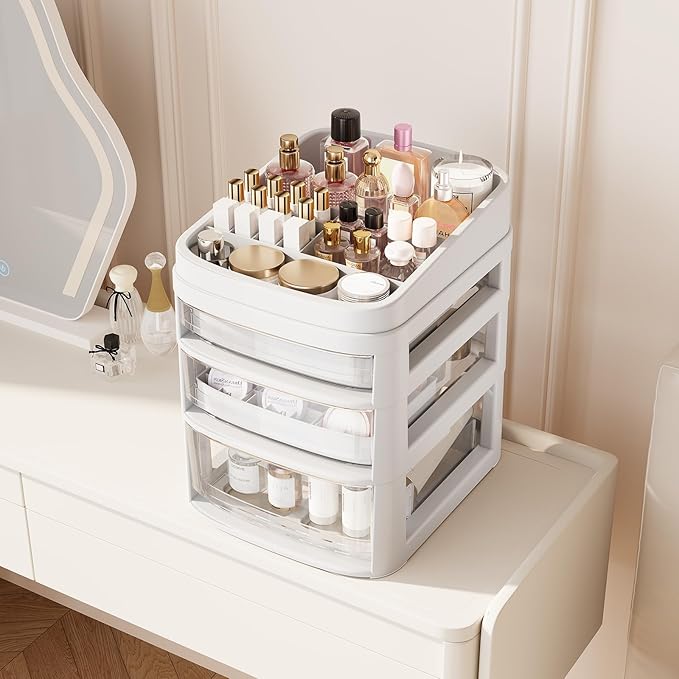 Rolling Cart with 3 Drawers, Clear Plastic Drawer Organizers, Dust Proof Under Desk Storage for Makeup, Skincare, Art Crafts and Baby Items, Acrylic Cosmetic Organizer with Dividers, Vanity Cart
