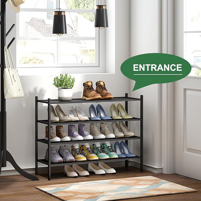 kiplant Black Shoe Rack, 4-Tier Bamboo Wood Shoe Rack, Stackable Bamboo Wood Shoe Shelf for Closet, Entryway & Hallway