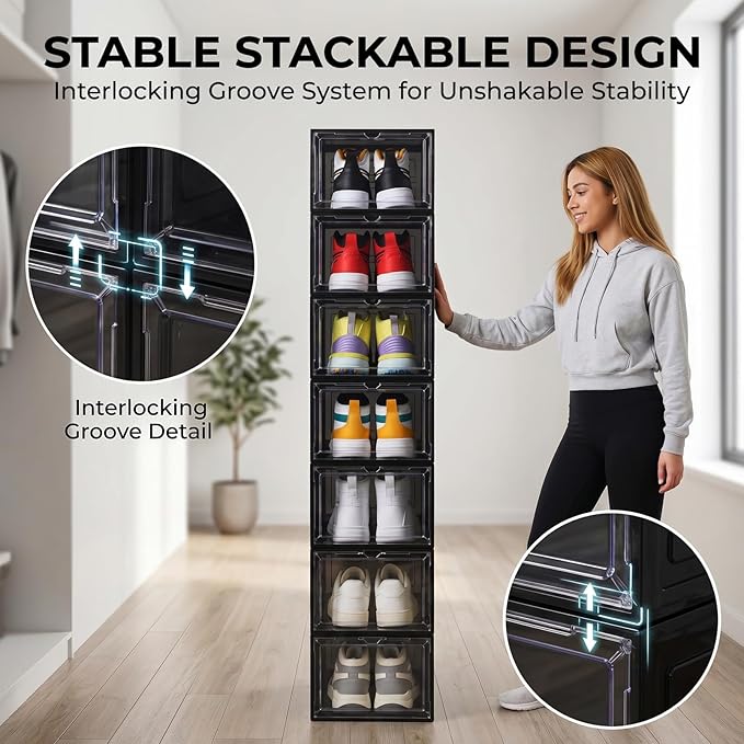 Large Black Shoe Storage Boxes Stackable, 12 Pack Hard Plastic Shoe Storage Organizer with Magnetic Door, Shoe Container Sneaker Storage Display Case Fit up to US Size 13 Black