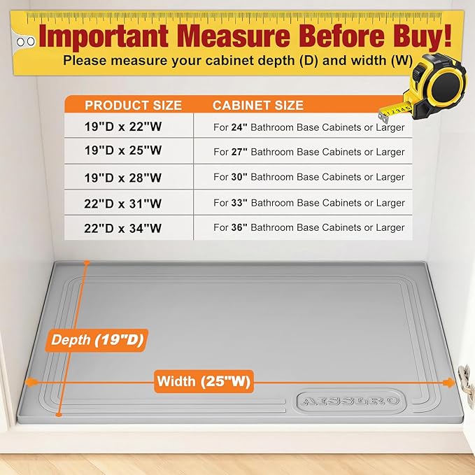 Aisslro Under Sink Mat 25" X 19", Waterproof Silicone Under Sink Mats for Kitchen, Anti-Leak Shelf Liner & Cabinet Protector with Raised Edge, [BPA Free] Bathroom Tray Home Organizer, Gray