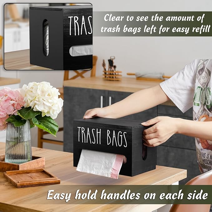DRASTAR Trash Bag Dispenser, Large Wooden Trash Bag Holder Wall Mount, Black Roll Holder for for 13-gallon Plastic Garbage Bags Dispenser Countertop, Under Kitchen Sink Organization