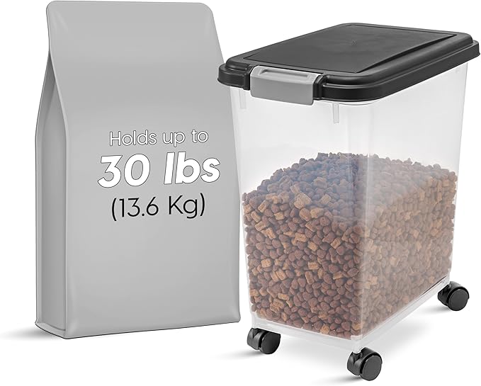 USA Airtight Dog Food Storage Container, Up to 30 lbs, Attachable Wheels, Black