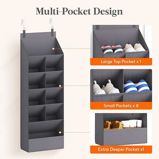 6 Tier Over the Door Shoe Organizer with 11 Large Deep Pockets, Gray
