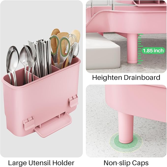 Dish Drying Rack, Expandable Dish Rack for Kitchen Counter, Pink