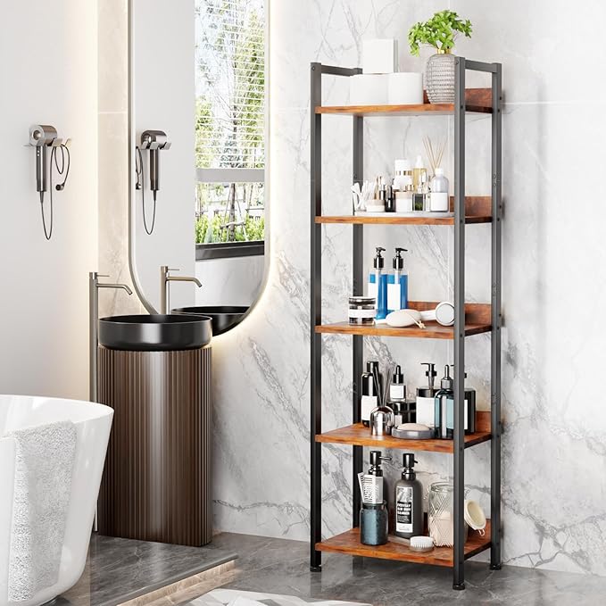 5 Tier Bookshelf with Drawer, Tall Narrow Bookcase with Shelves, Rustic Brown