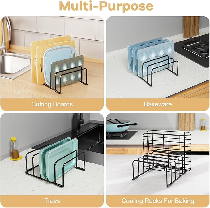 Fikoksol Cutting Board Organizer and Baking Sheet Rack, [2-Pack] Black Heavy Duty Metal Cookie Sheet Organizer for Cutting Board Storage & Plate Holder for Cabinet, Tray Dividers for Cabinets
