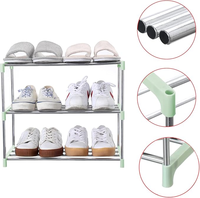 Jucaifu Stackable Small Shoe Rack, Entryway, Hallway and Closet Space Saving Storage and Organization (3-Tier, Green)