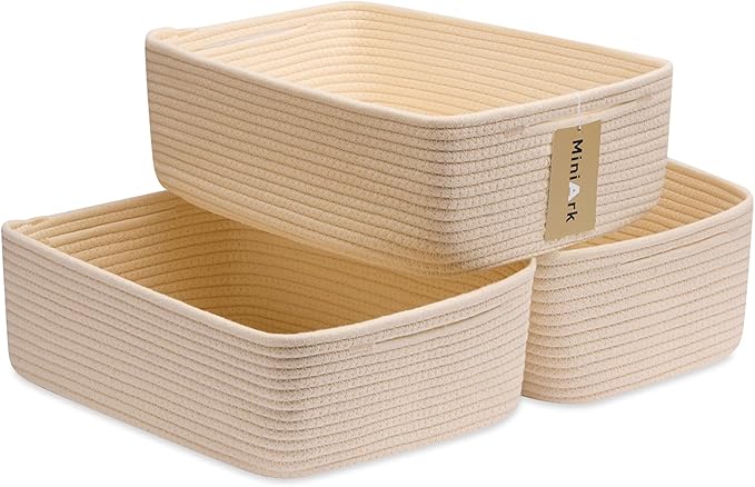 MiniArk Large Shallow Organizing Baskets 15x11x5.1 Inches - Rope Woven Storage Bins for Bathroom, Shelves, Cube Closet, Beige 3 Packs