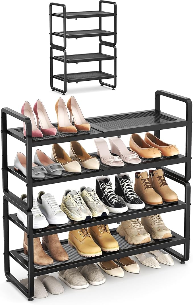 Expandable Shoe Rack for Closet, Black, 4-Tier