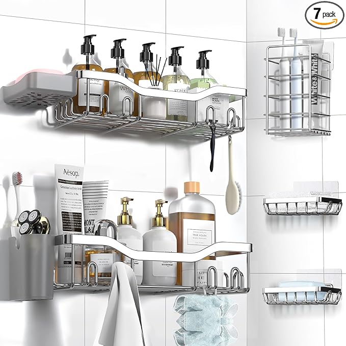 NESOMI Shower Caddy Adhesive Shower Organizer 7-Pack, Rustproof Stainless Steel Bathroom Shelves, Large Capacity No-Drill Rack Storage Accessories with Soap Dish Toothbrush Holder Hooks