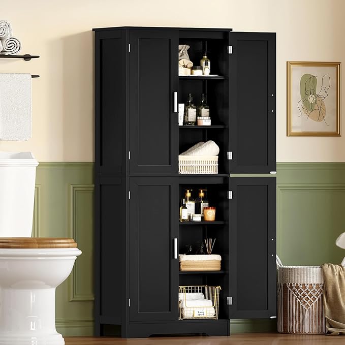 TEENFON 67” Storage Cabinet, Kitchen Pantry Cabinet with 4 Doors and 2 Adjustable Shelves, Cupboard, Tall Bathroom Cabinets for Living Room, Kitchen, Bathroom, Black