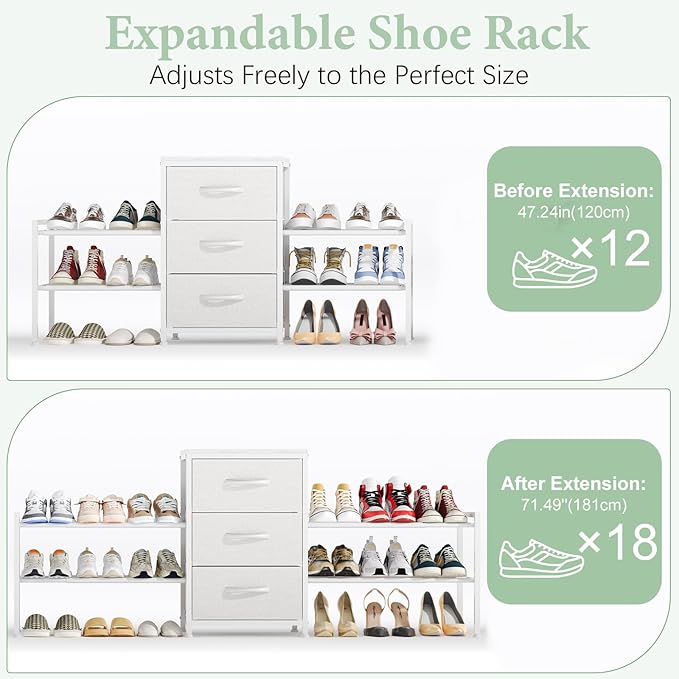 Cidaziya Expandable Closet Organizers and Storage,Wide Long 3 Drawer Dresser,White Fabric Storage Dresser, Clothes Shelves for Kids, Purse Organizer Small Shoe Rack for Closet Bedroom(47.24~71.47in)