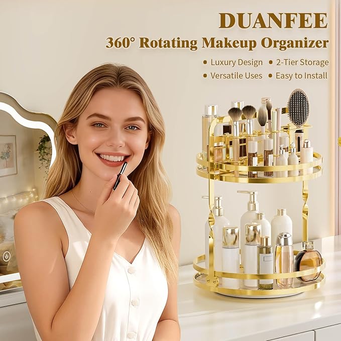 360° Rotating Makeup Organizer, 2-Tier Gold Perfume Organizer for Dresser, Bathroom Organizer Countertop, Lazy Susan Spinning Perfume Stand Vanity Skincare Storage with Makeup Brush Holder