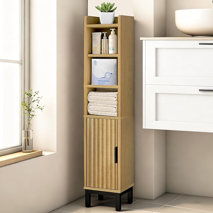 FerniTry Narrow Bathroom Storage Cabinet, Corner Toilet Paper Floor Cabinet 5 Tiers with Door and Shelves,Bathroom Organizer with Adjustable Shelf, for Small Spaces (Oak)