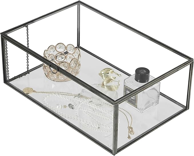 HighFree Vintage Glass Box with Lid - Clear Jewelry Glass Display Box Keepsake Box - Home Decor Decorative Box for Trinket Rings Bracelet (Black, Large)