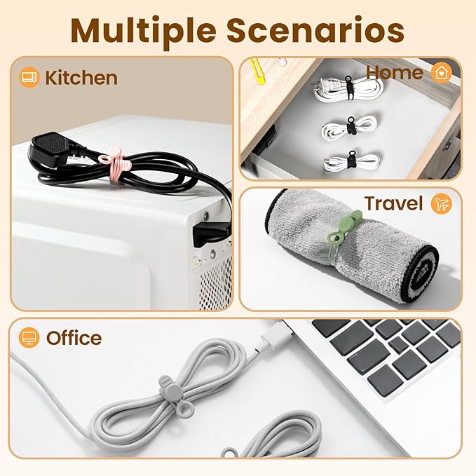 10 Pcs Silicone Cable Ties, Reusable Data Cable Organizer Wire Organizers for Office, Multipurpose Elastic Cord Wraps Cable Management for Charging Cord,Appliances,Home,Office,Kitchen,School,Travel
