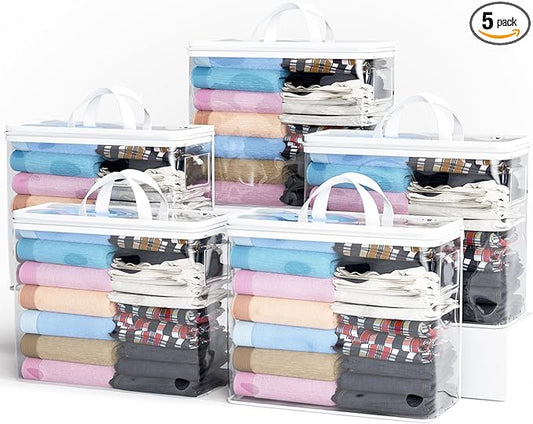 5PACK Clear Zippered Storage Bag for Clothes, 22L Clear Storage Bags