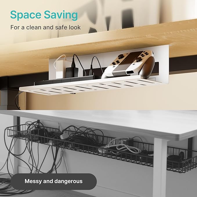 Under Desk Cable Management Tray, 15.7 Inches Metal Cord Organizer Rack, White