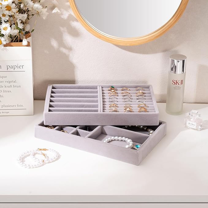 ProCase Stackable Jewelry Organizer Trays for Drawers, Jewelry Drawer Inserts Container Display Case Storage for Earring Necklace Rings Bracelet with Removable Dividers -Grey, 2 Layers