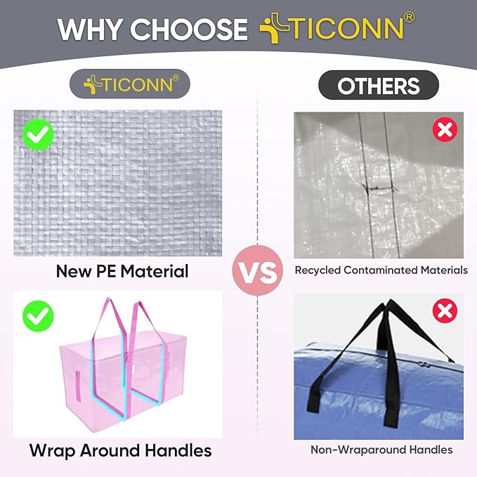 TICONN 8 Pack Extra Large Moving Bags Heavy Duty with Zippers & Carrying Handles, Durable Storage Bags Moving Boxes for Closet Organizers and Storage (8 Pack, Pink)
