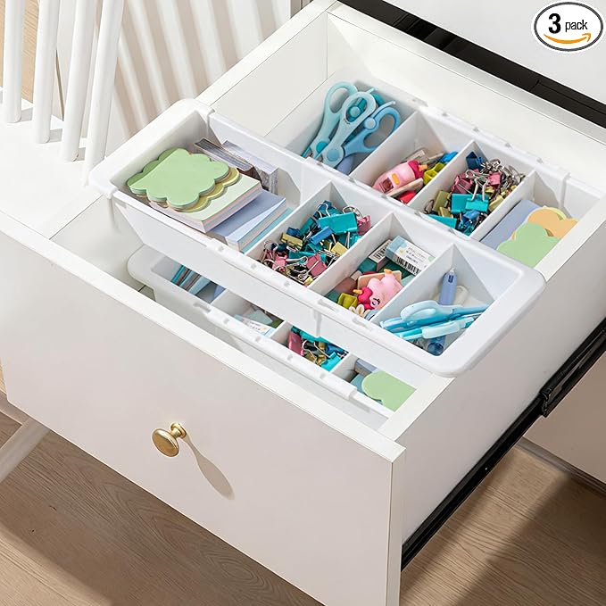 3 Pcs Expandable Drawer Organizer Bins Adjustable Deep Drawer Hanging Organizer