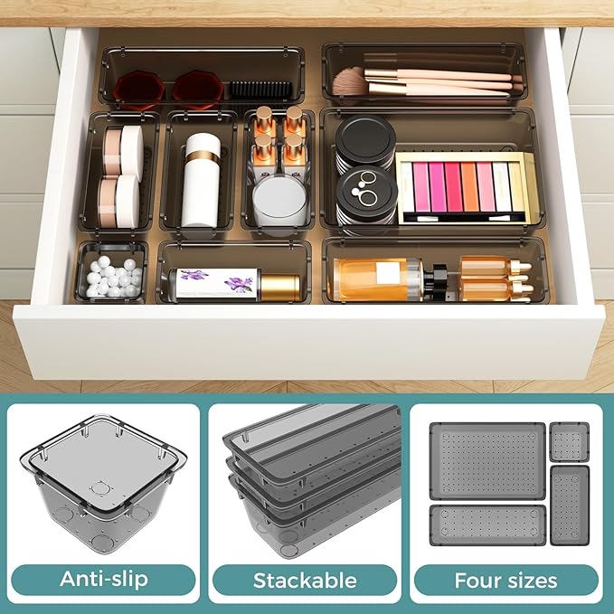 44 PCS Clear Plastic Drawer Organizer Set, Clear Black