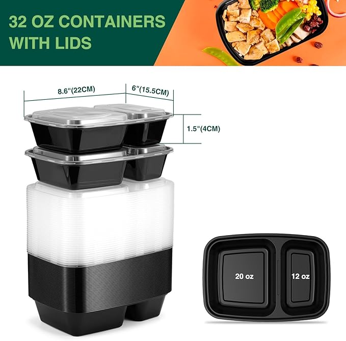 Glotoch Express 300 Pack 32oz Black 2 Compartment Square Meal Prep Containers, Food Storage Containers with Lids for Microwave Dishwasher Freezer Safe