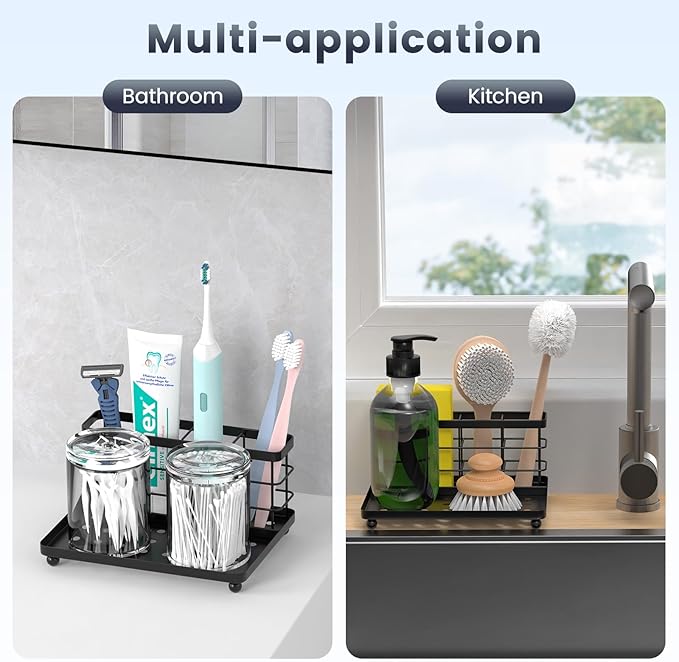 Luxspire Toothbrush Holders for Bathroom, Toothbrush Holder with Tray, Stainless Steel Holder for Toothbrush Toothpaste, Tooth Brushing Holder for Bathroom Countertop, 3-Slot, Black