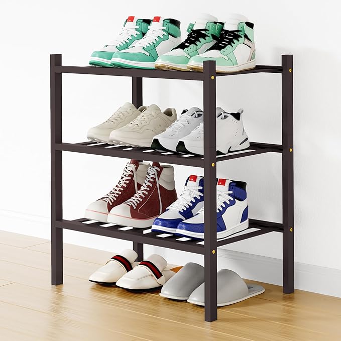 Smiry Small Bamboo Shoe Rack, 3 Tier Free Standing Wooden Shoe Organizer, Stackable Wood Shoe Storage Shelf for Closet, Entryway, 12 Vertical Slats, 2+1 Stack Standard Legs, 17.3"x11"x19.5", Brown