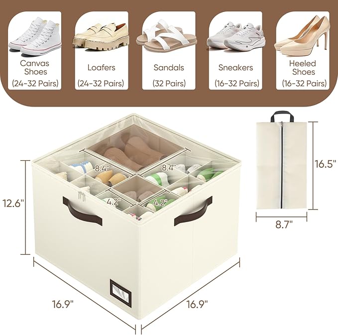 OIAHOMY 2 Pack Shoe Organizer for Closet, Large Foldable Shoe Storage Bins with Dividers and Reinforced Handles, Each Clear Cover Sneaker Box Fits Up to 16 Pairs for Entryway and Bedroom, Beige
