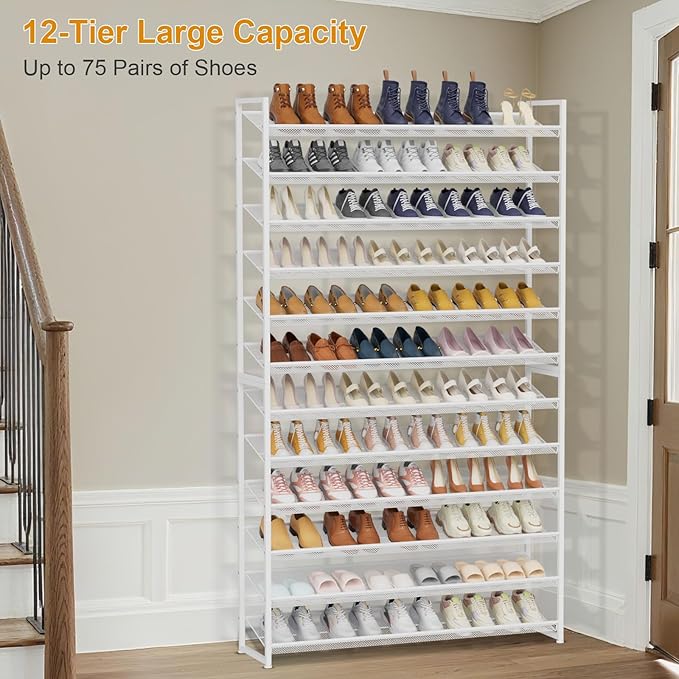 Large Shoe Rack 12 Tier Shoe Organizer, Heavy Duty Metal 6-Tier Stackable Shoe Storage Vertical Shoe Rack for Closet Front Door Entrance, Up to 75 Pairs, 44.8" W x 11.4" D x 85.1" H, White