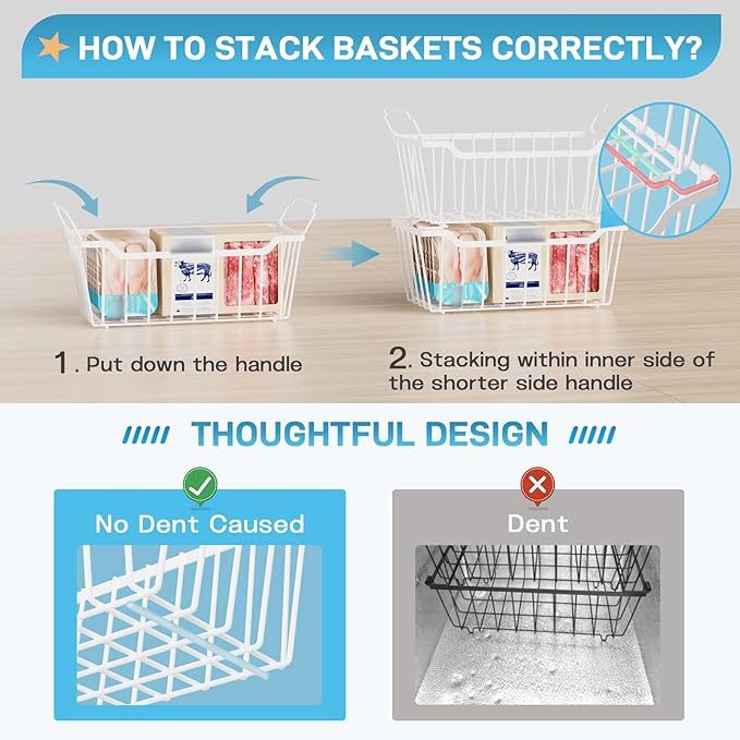 SUNALLY Freezer Organizer Bins, 4 Pack Chest Freezer Organizer Stackable for 5-7 Cu.FT Deep Freezer Sort Frozen Meats and Food, Freezer Storage Baskets with Handles Easy Reach from Bottom, White