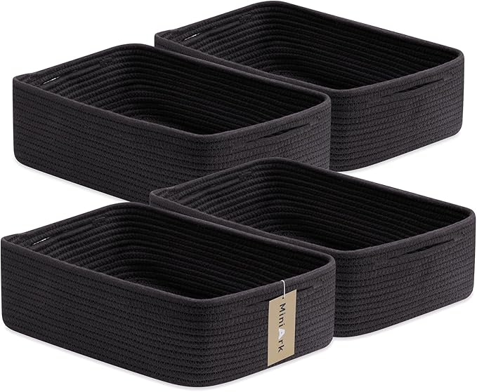 MiniArk Large Shallow Organizing Baskets 15x11x5.1 Inches - Rope Woven Storage Bins for Bathroom, Shelves, Cube Closet, Black 4 Packs