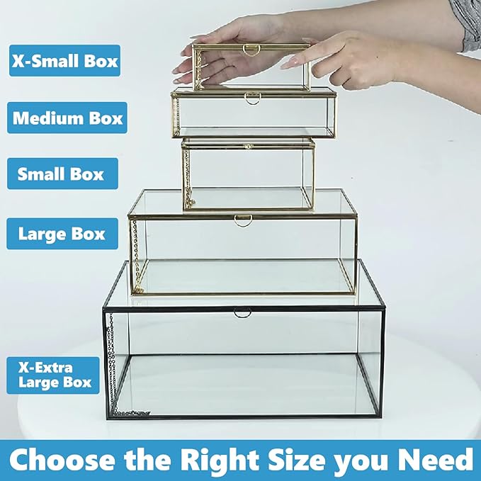 HighFree Vintage Glass Box with Lid - Clear Jewelry Glass Display Box Keepsake Box - Home Decor Decorative Box for Trinket Rings Bracelet (Gold, X-Extra Large)