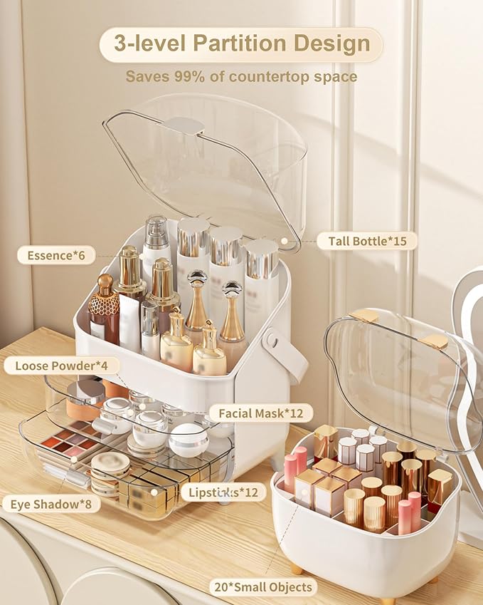 Makeup Organizer Countertop, Skincare Holder Bathroom Counter Organizer, Storage Box Cosmetic Display Cases, Teen Girl Gifts Make up Organizers (Sliver/Lipstick)