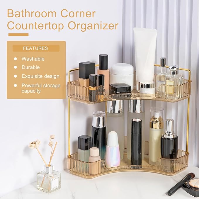 INVSSENE Corner Bathroom Countertop Organizer, Vanity Organizer Trays for Counter, Makeup Organizers, Perfume Tray, Skincare Shelf Storage Gifts for Women Girl Student (Yellow, 2 Tiers)