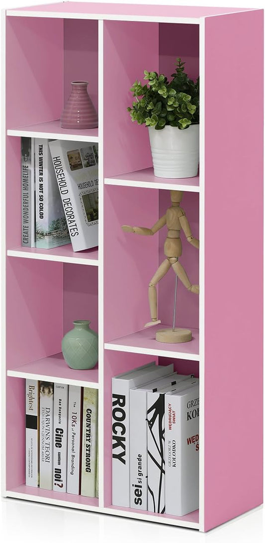 Furinno LUDER Book Shelf, 7-Cube Bookshelf, White/Pink