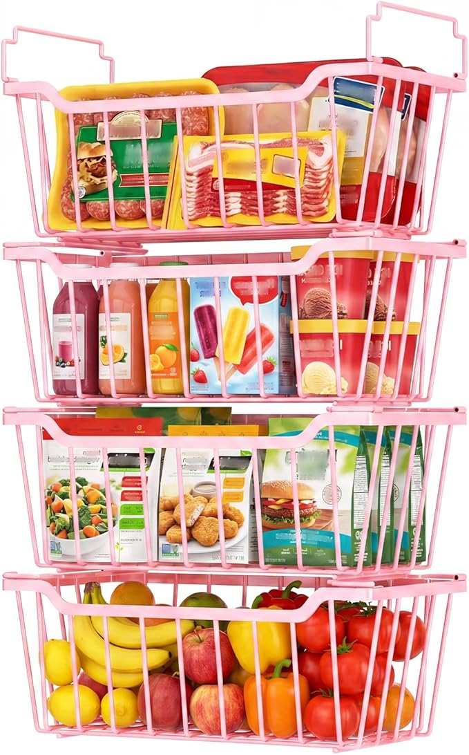 Goovilla Freezer Organizer Bins with Foldable Handle, 4 Pack Stackable Freezer Baskets for 3.5-7 Cu.FT Deep Chest Freezer Organization, Pink Metal Freezer Storage Bins with Better Space Utilization